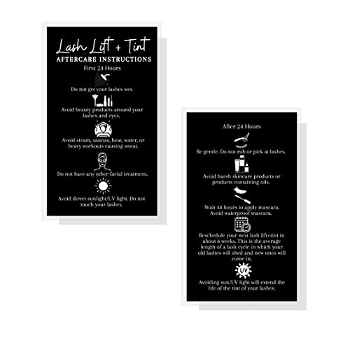 Boutique Marketing LLC Lash Lift + Tint Aftercare Instruction Cards | 50 Pack | 2x3.5” inches Business Card Size | Eyelash Lift and Tint Kit at Home DIY | Black Card Design White, Black