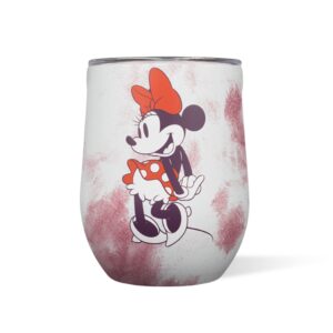 corkcicle disney 12 ounce triple insulated stainless steel stemless travel cup with lid and silicone bottom for hot and cold drinks, minnie tie dye