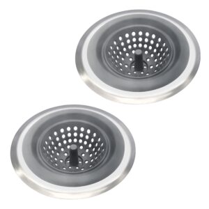 kitchen set of 2 sink strainers, flexible silicone good grip kitchen sink drainers, traps food debris and prevents clogs, large wide 4.5’ diameter rim gray