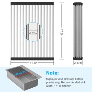 EMBATHER Roll Up Dish Drying Rack Over The Sink, Dish Drying Rack for Kitchen Counter, Multipurpose Stainless Steel Foldable Kitchen Drainer Rack, Anti-Slip, (Black, 17.8"x11.8")