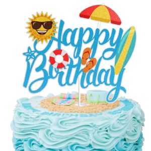 summer beach happy birthday cake topper blue glitter summer pool swimming surfing party decoration summer holiday birthday party favor supplies
