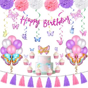 sumind butterfly birthday party decoration for girls purple butterfly party supply include happy birthday banner butterfly cake topper butterfly hanging swirl foil latex balloon paper pom pom