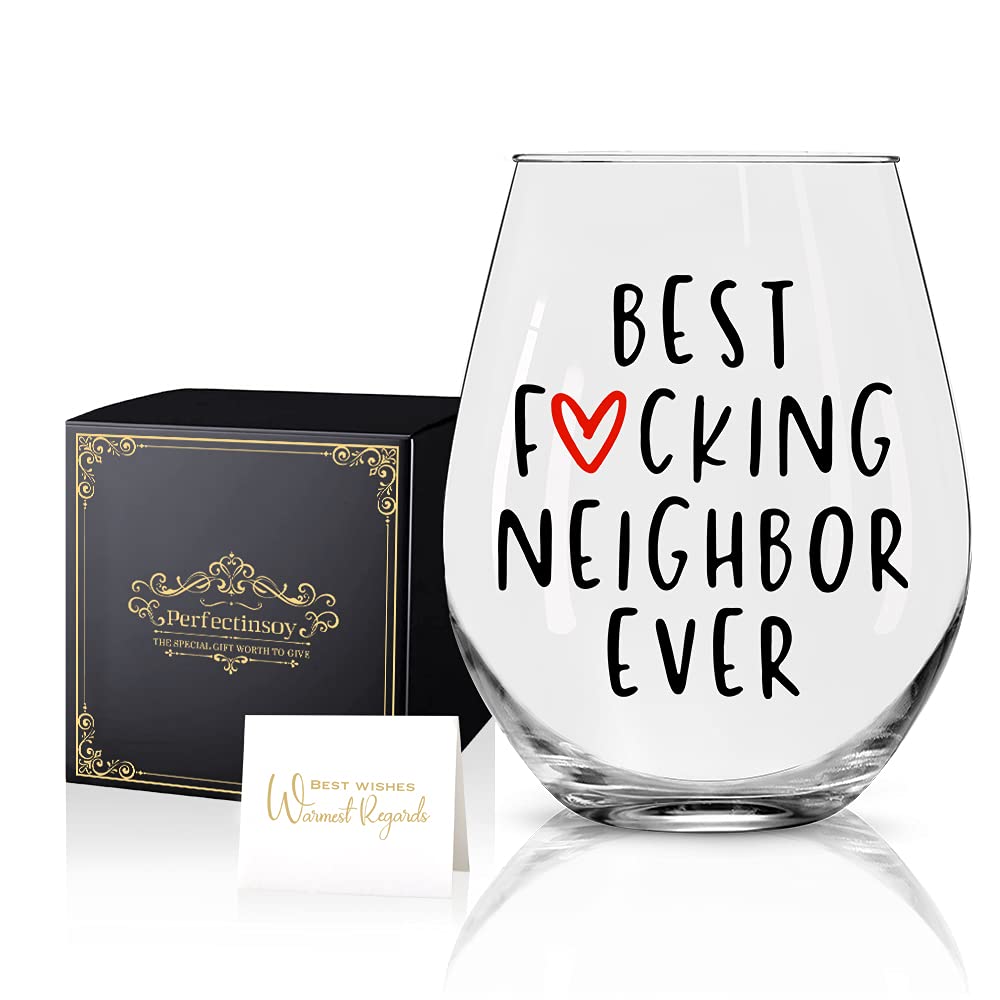 Perfectinsoy Best Neighbor Ever Wine Glass with Gift Box, Funny Novelty Neighbor Wine Glass, Housewarming Gift for Neighbor, New Home Owner, Friends, Women, Social Distancing Gift