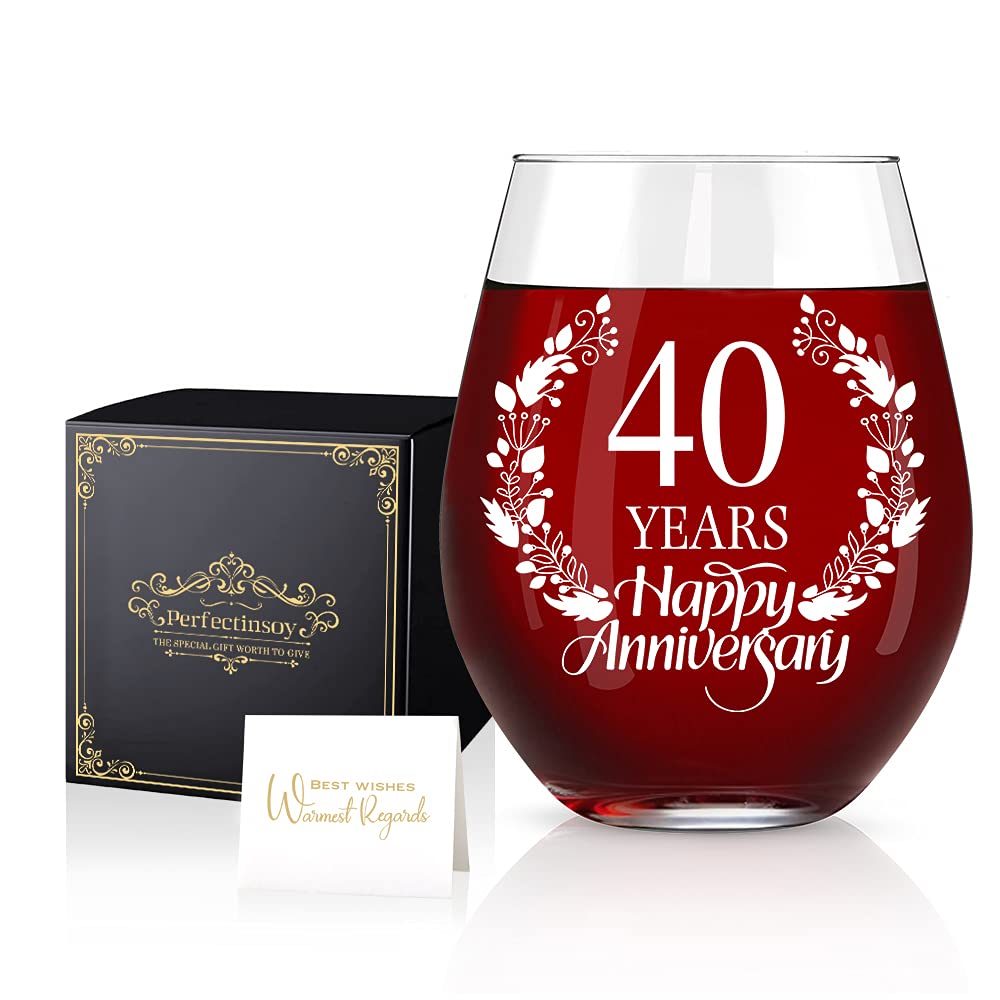 Perfectinsoy 40 Years Happy Anniversary Wine Glass with Gift Box, 40th Anniversary Wedding Gift For Mom, Dad, Wife, Soulmate, Couple, Funny Vintage Unique Personalized, 40 Years Gifts