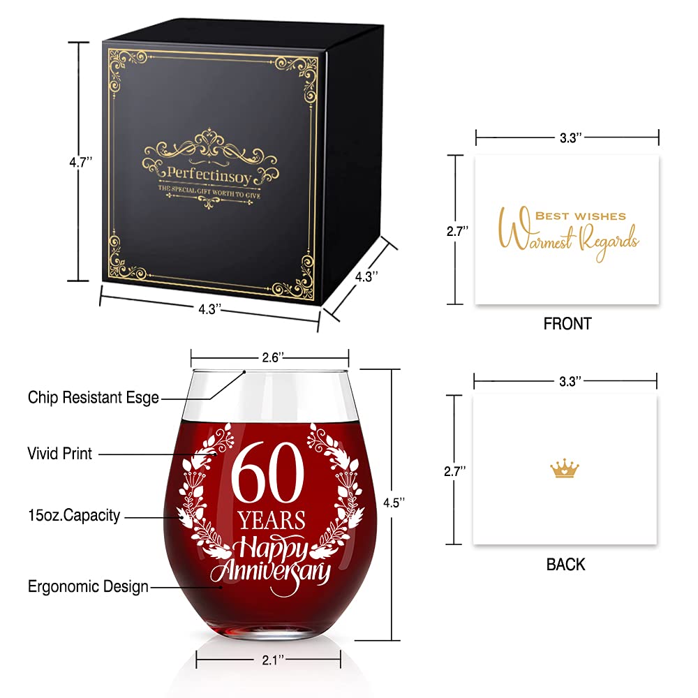 Perfectinsoy 60 Years Happy Anniversary Wine Glass with Gift Box, 60th Anniversary Wedding Gift For Mom, Dad, Wife, Soulmate, Couple, Funny Vintage Unique Personalized, 60 Years Gifts