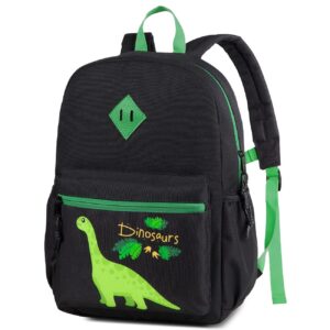 kasqo kids backpack, 14" toddler backpack for little boys and girls kindergarten preschool bookbag with chest strap, black dinosaur