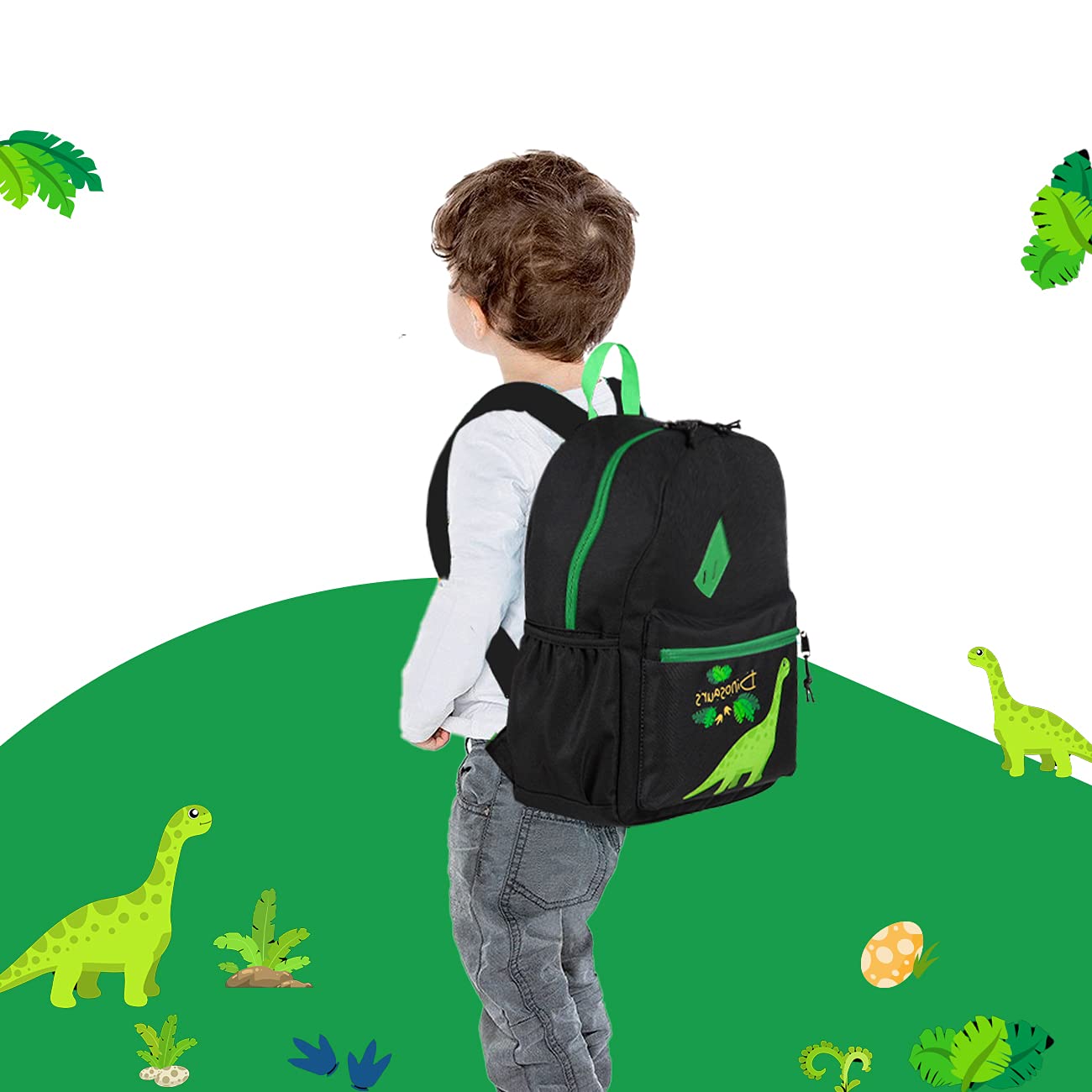 Kasqo Kids Backpack, 14" Toddler Backpack for Little Boys and Girls Kindergarten Preschool Bookbag With Chest Strap, Black Dinosaur
