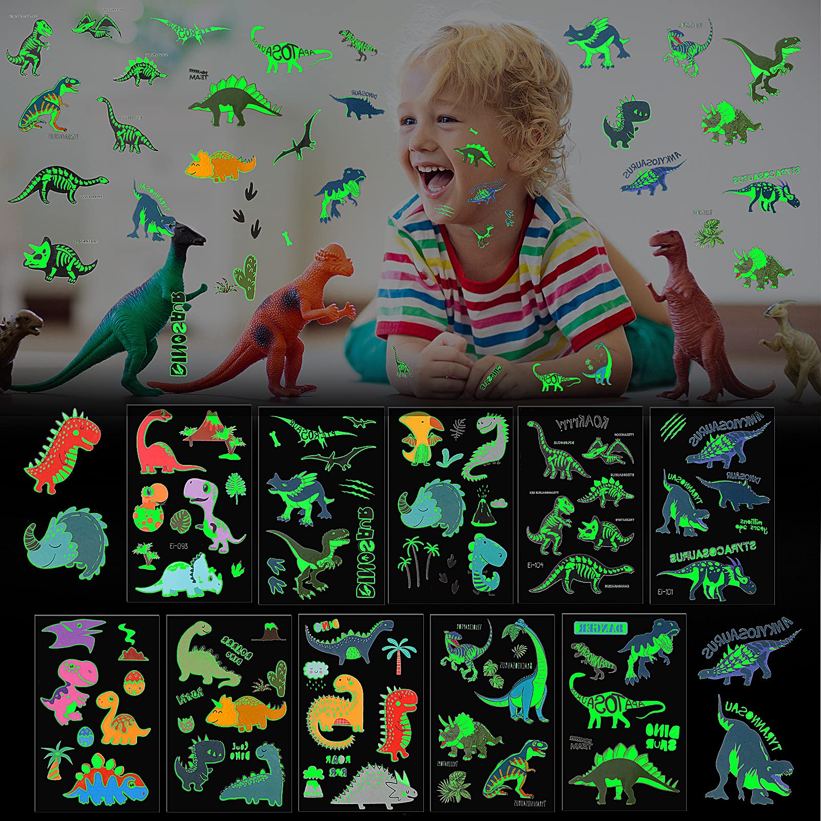 Zonon Dinosaur Temporary Tattoos Glow in The Dark for Kids Party Supplies Dinosaur Tattoos Sticker Luminous Jungle Waterproof Dino Temporary Tattoos for Boys Girls Party Supplies(Glow Style)