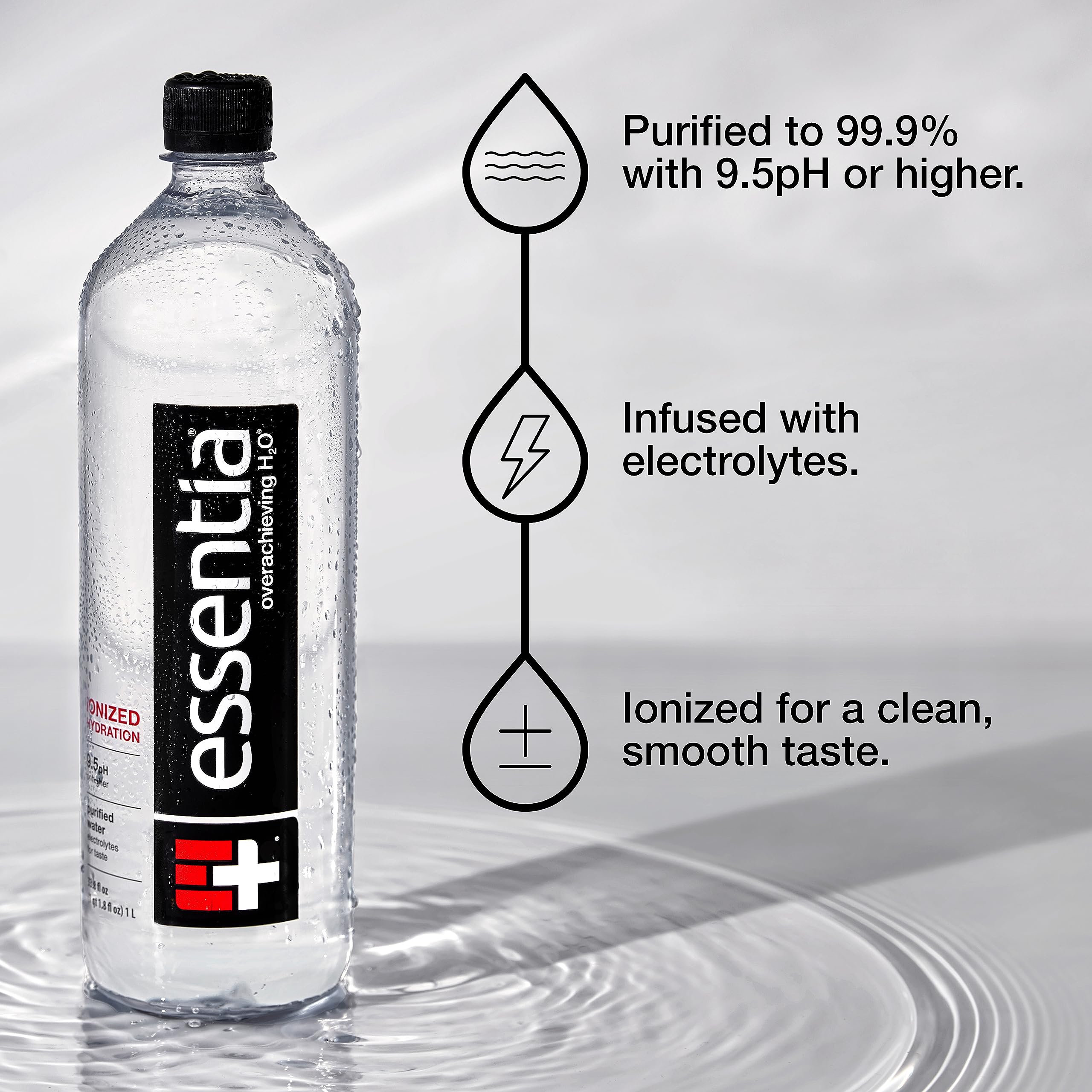 Essentia Water LLC , 99.9% Pure, Infused with Electrolytes for a Smooth Taste, pH 9.5 or Higher; Ionized Alkaline Water, Black, 42.3 Fl Oz (Pack of 12)