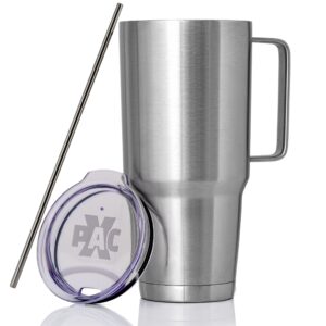 xpac 44 ounce double vacuum wall stainless steel tumbler with lid, stainless steel with handle and metal straw, fits in a 3.5" wide car beverage holder