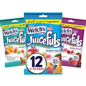 welch's juicefuls juicy fruit snacks, mixed fruit, berry blast & island splash fruit gushers variety pack, great for school lunches, gluten free, 4 oz individual single serve bags (pack of 12)