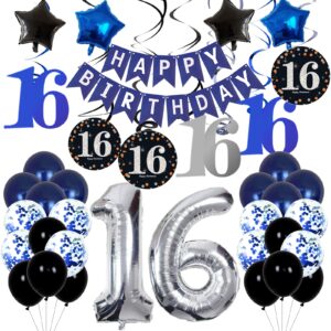 16th birthday decorations for boys and girls dark blue, happy birthday banner silver number 16 balloons, deep blue theme party for him - 16 years old birthday party supplies kit for her