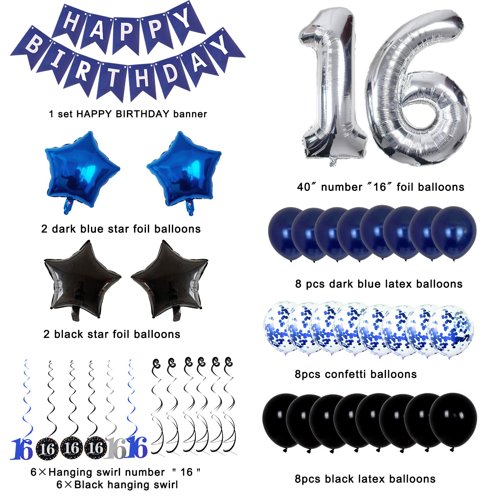 16th Birthday Decorations for Boys and Girls Dark Blue, HAPPY BIRTHDAY Banner Silver Number 16 Balloons, Deep Blue Theme Party for Him - 16 Years Old Birthday Party Supplies Kit for Her