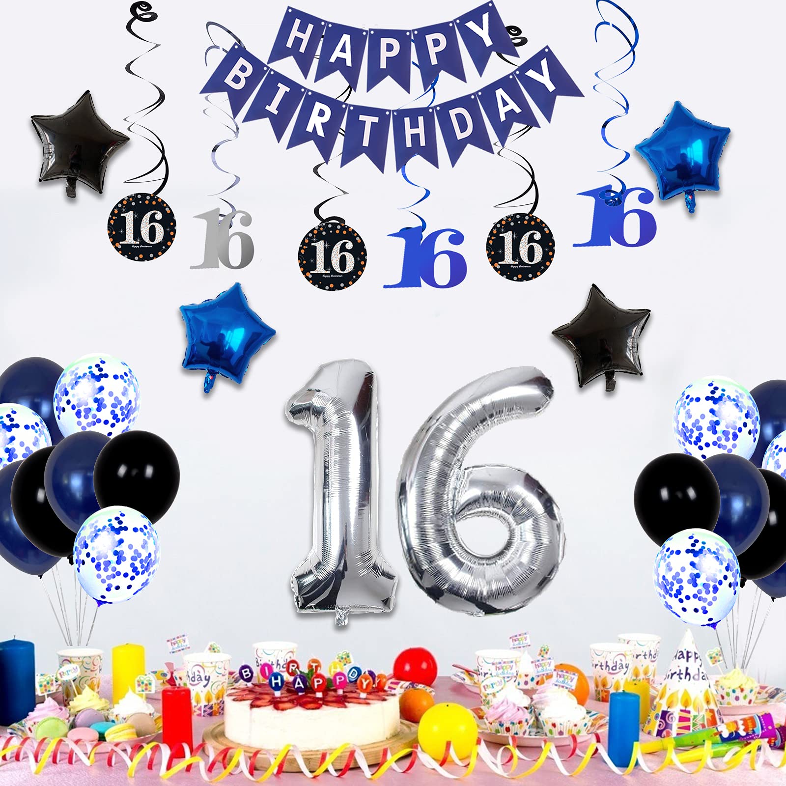 16th Birthday Decorations for Boys and Girls Dark Blue, HAPPY BIRTHDAY Banner Silver Number 16 Balloons, Deep Blue Theme Party for Him - 16 Years Old Birthday Party Supplies Kit for Her