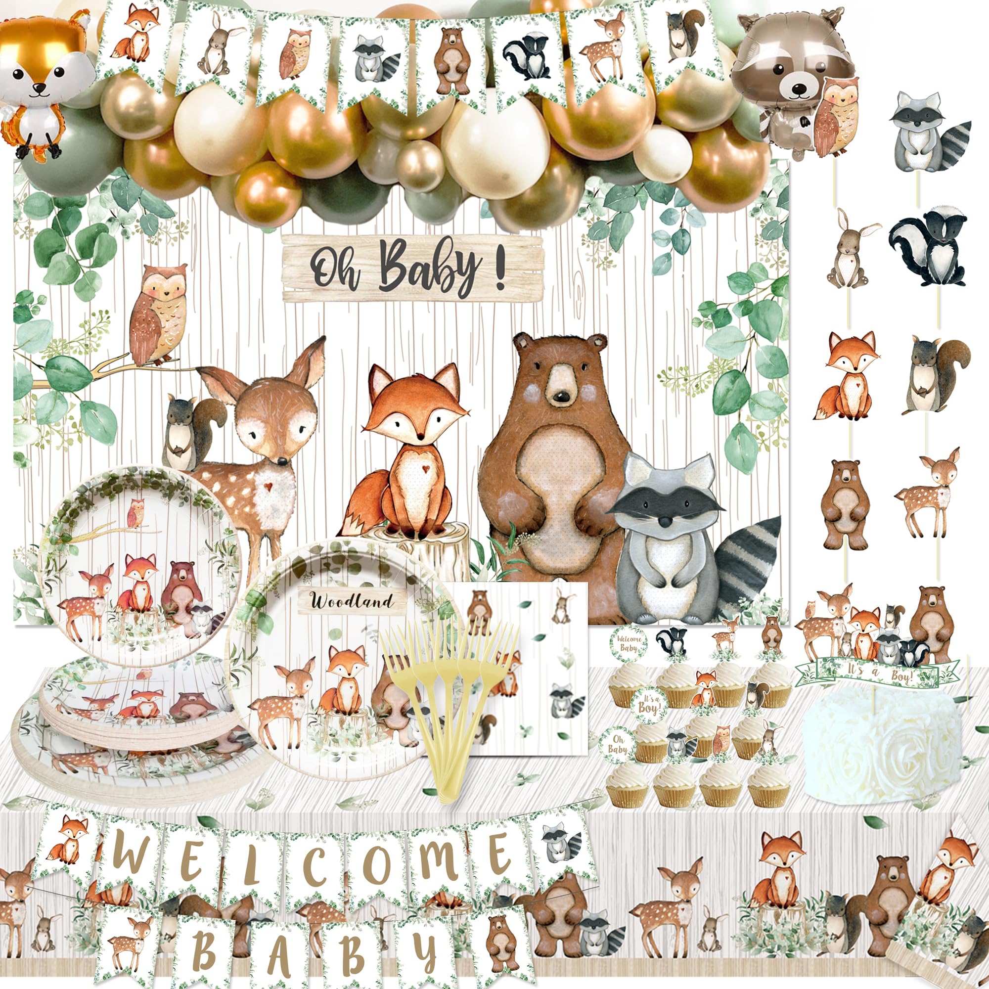 HEETON Woodland Baby Shower Party Supplies Decorations Fox Balloon Oh Baby Woodland Welcome Baby Banner Creatures Fawn Animal Friends Garland Backdrop Cake Cupcake Topper for Girl Boy Gender Reveal