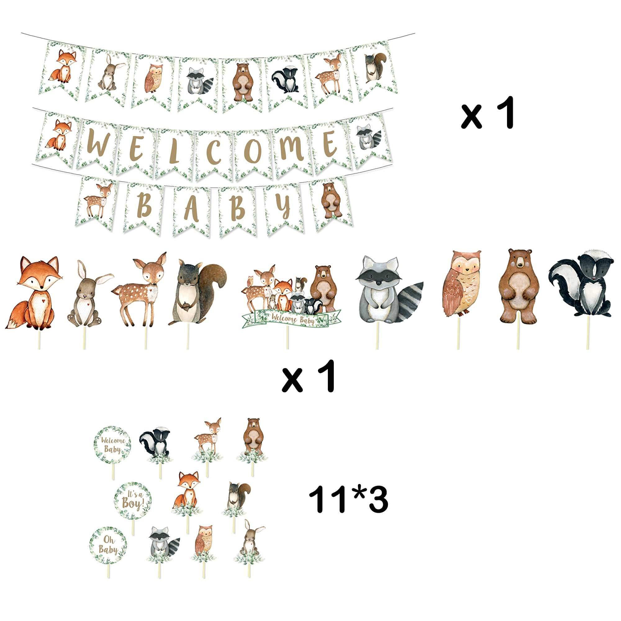 HEETON Woodland Baby Shower Party Supplies Decorations Fox Balloon Oh Baby Woodland Welcome Baby Banner Creatures Fawn Animal Friends Garland Backdrop Cake Cupcake Topper for Girl Boy Gender Reveal