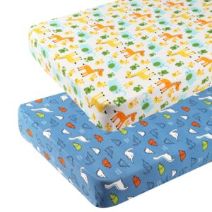 Dinosaur Pack n Play Stretchy Fitted Playard Sheet Set 2 Pack Jersey Knit Ultra Soft Portable Mini Crib Sheets for Baby Boy Girl Elephant Giraffe Frogs by Knlpruhk