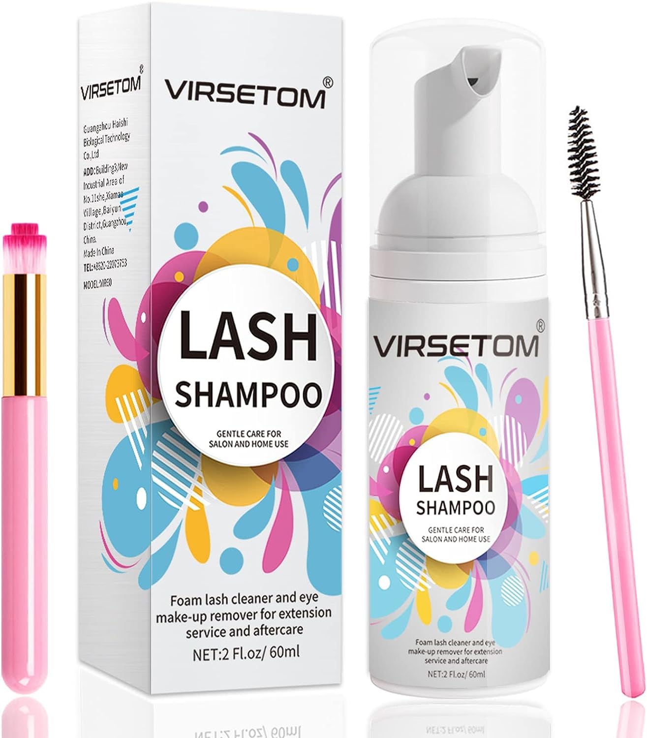 Vemofoper Lash Shampoo for Lash Extensions, Eyelash Extension Cleanser 60ml + Rinse Bottle + Brushes, Lash Bath for Eyelash Extensions, Lash Cleaner, Paraben & Sulfate Free, Salon and Home Use