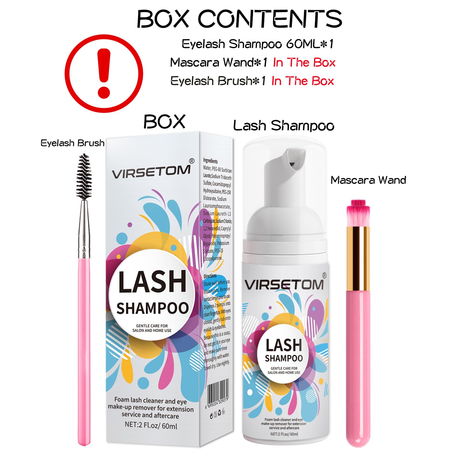 Vemofoper Lash Shampoo for Lash Extensions, Eyelash Extension Cleanser 60ml + Rinse Bottle + Brushes, Lash Bath for Eyelash Extensions, Lash Cleaner, Paraben & Sulfate Free, Salon and Home Use