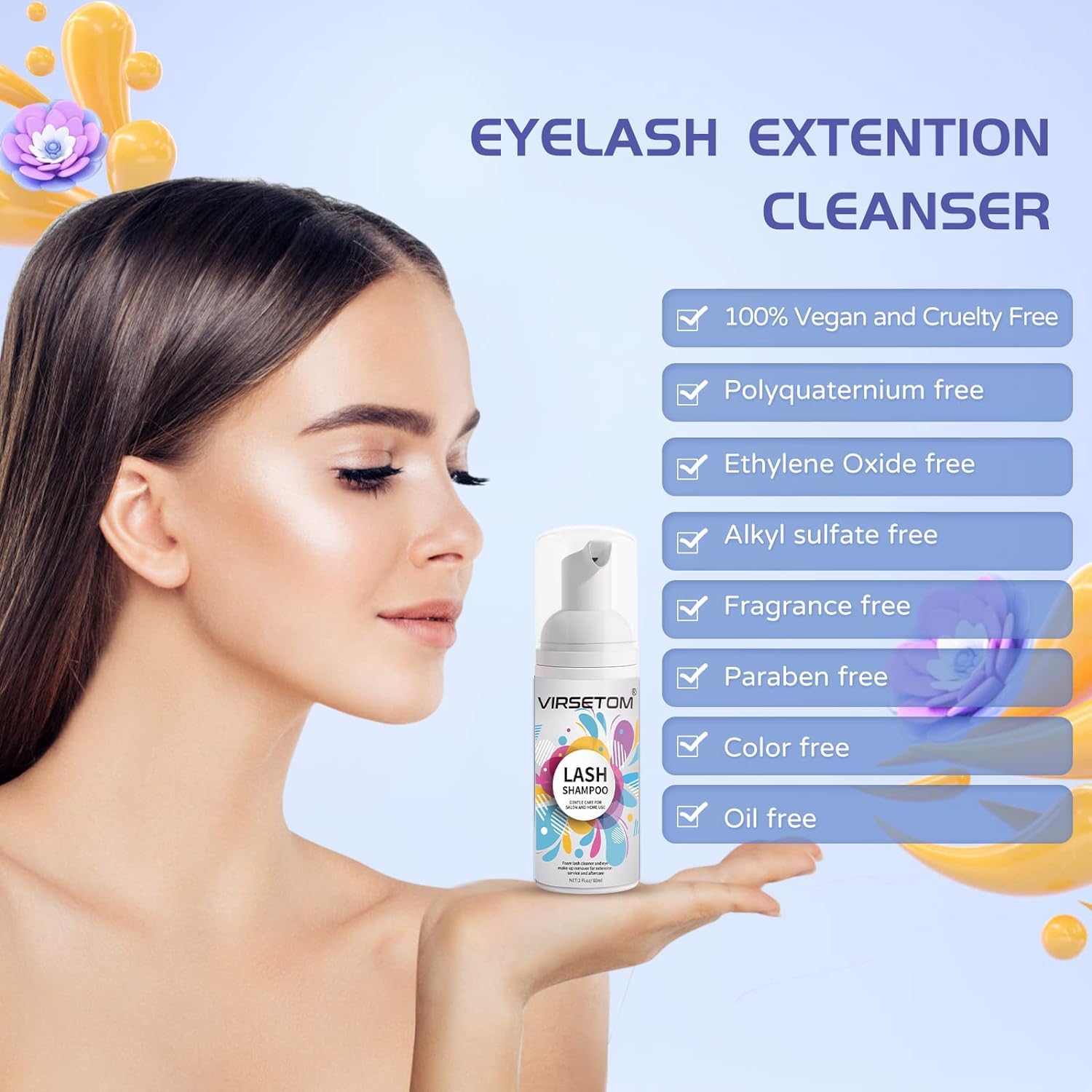 Vemofoper Lash Shampoo for Lash Extensions, Eyelash Extension Cleanser 60ml + Rinse Bottle + Brushes, Lash Bath for Eyelash Extensions, Lash Cleaner, Paraben & Sulfate Free, Salon and Home Use