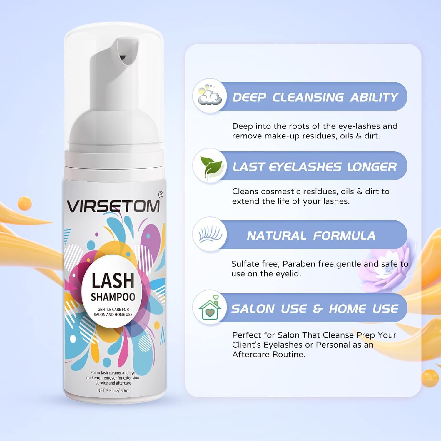 Vemofoper Lash Shampoo for Lash Extensions, Eyelash Extension Cleanser 60ml + Rinse Bottle + Brushes, Lash Bath for Eyelash Extensions, Lash Cleaner, Paraben & Sulfate Free, Salon and Home Use