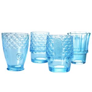 MDLUU Fish Design Tumbler Glasses, Stackable Drinking Glasses, Colored Glass Beverage Cups, Nautical Glassware for Gift, Set of 4 (Blue)