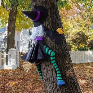 popgiftu large crashing witch halloween outdoor decorations, 63" flying crashed witches, crashing witch into tree halloween flying witch clearance for yard, patio, porch outdoor tree decoration