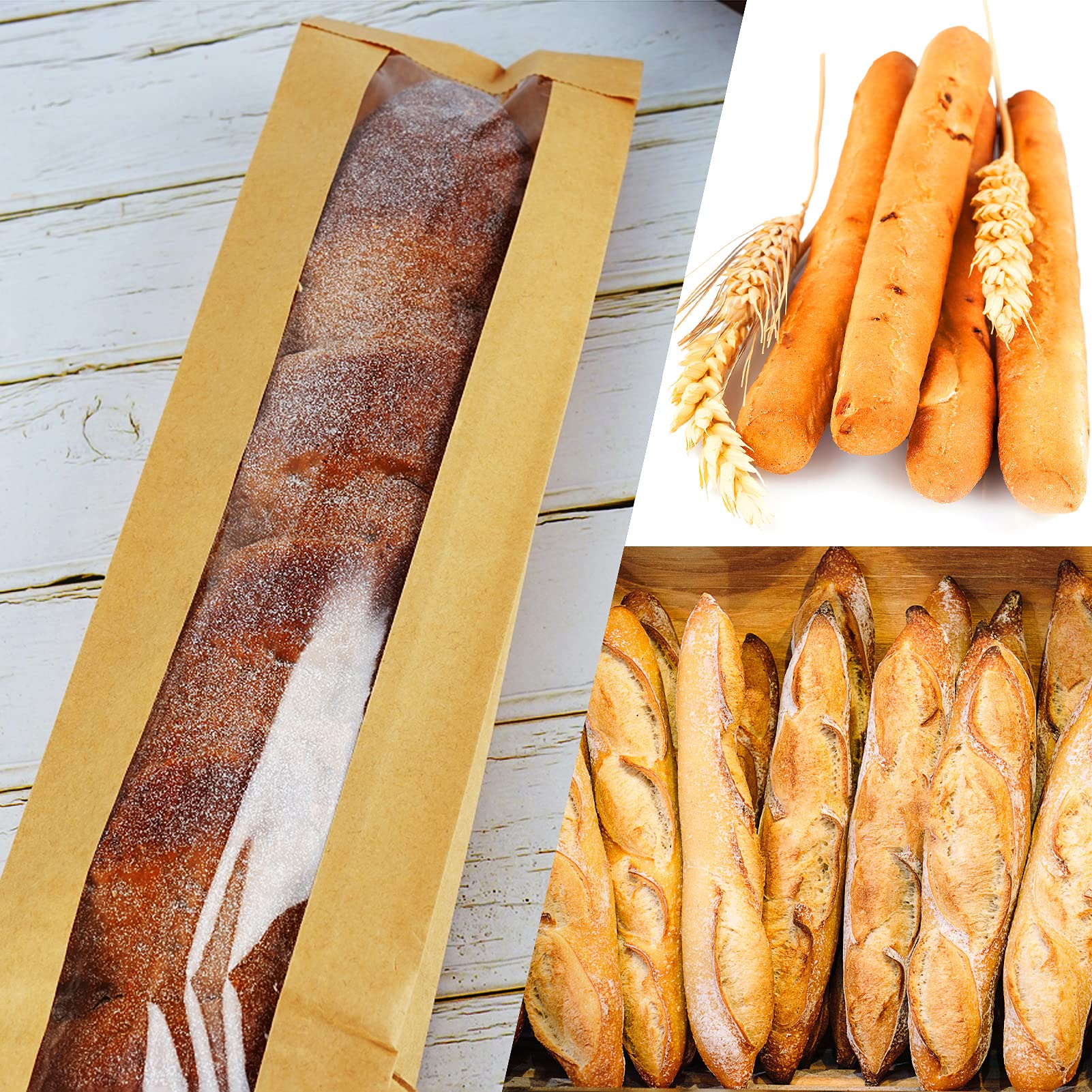 PAKIPER 50 Pack Cookie Packaging Bread Bags,Baguette Bags for Bread,Kraft Paper Bread Bags with Front Window, for Homemade Bread Baguette Kraft Bags with Clear Window and Seal Sticker,23.5"x3.6"x1.8"