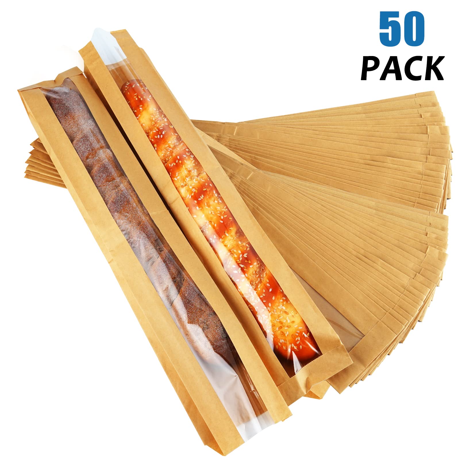 PAKIPER 50 Pack Cookie Packaging Bread Bags,Baguette Bags for Bread,Kraft Paper Bread Bags with Front Window, for Homemade Bread Baguette Kraft Bags with Clear Window and Seal Sticker,23.5"x3.6"x1.8"