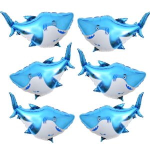 6 pcs shark balloons, 38 inch large aluminum foil shark balloon blue cute splash shark balloons for ocean animal theme party birthday baby shower supplies, office hotel event decorations