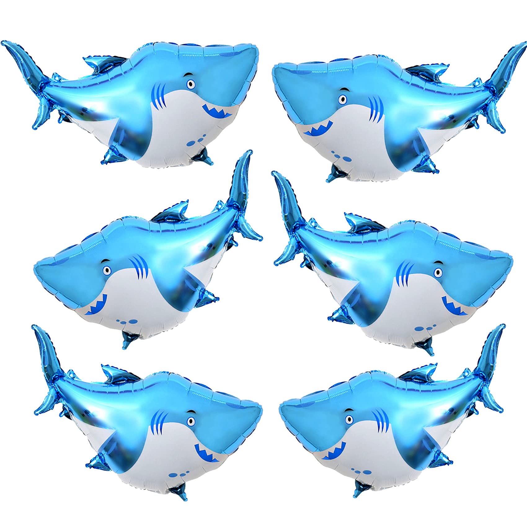 6 PCS Shark Balloons, 38 Inch Large Aluminum Foil Shark Balloon Blue Cute Splash Shark Balloons for Ocean Animal Theme Party Birthday Baby Shower Supplies, Office Hotel Event Decorations