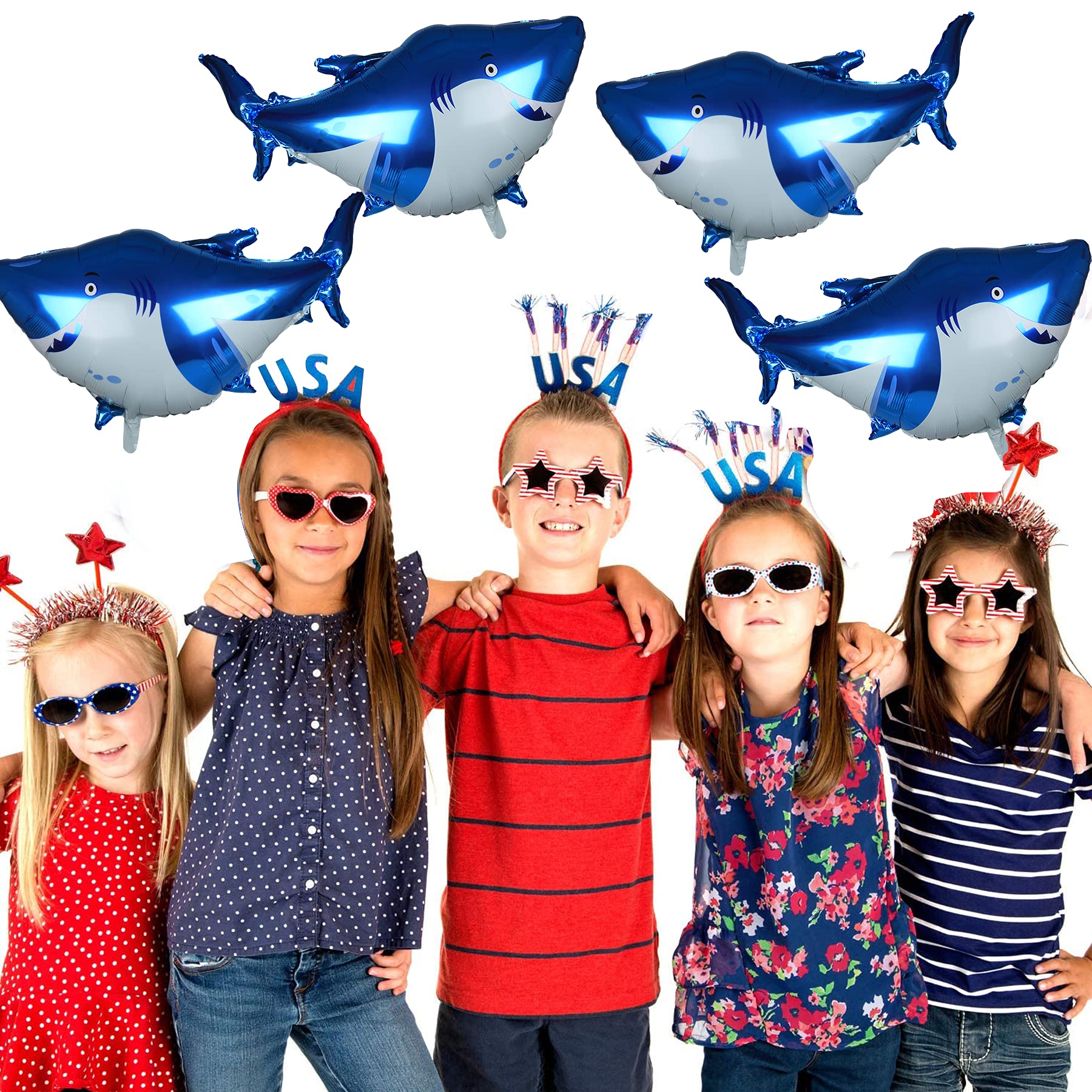 6 PCS Shark Balloons, 38 Inch Large Aluminum Foil Shark Balloon Blue Cute Splash Shark Balloons for Ocean Animal Theme Party Birthday Baby Shower Supplies, Office Hotel Event Decorations