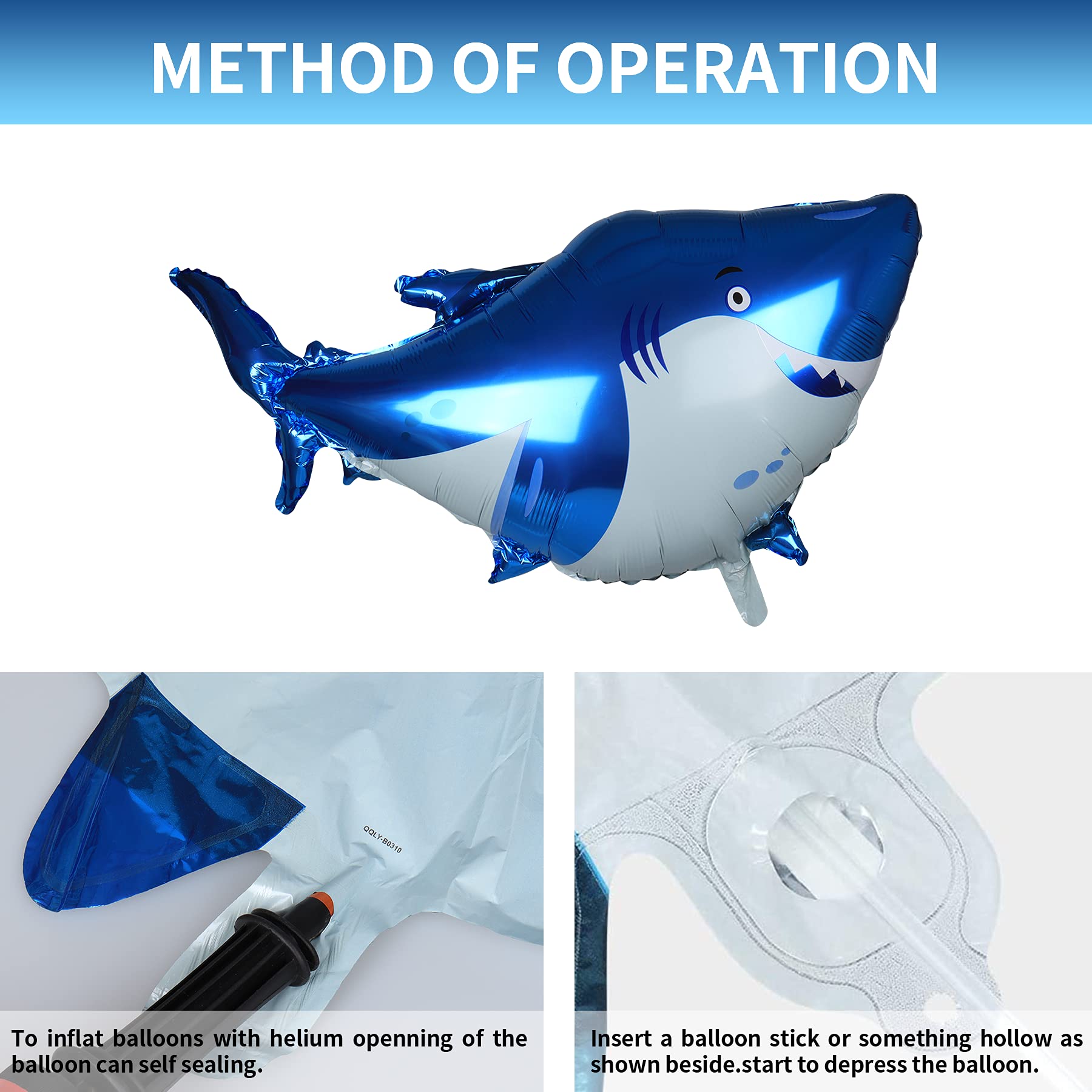 6 PCS Shark Balloons, 38 Inch Large Aluminum Foil Shark Balloon Blue Cute Splash Shark Balloons for Ocean Animal Theme Party Birthday Baby Shower Supplies, Office Hotel Event Decorations