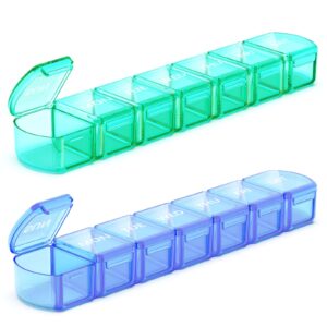 extra large pill organizer 2 pack, xl pill box 7 day, weekly pill case with large capacity, jumbo organizer, bpa free (blue+green)
