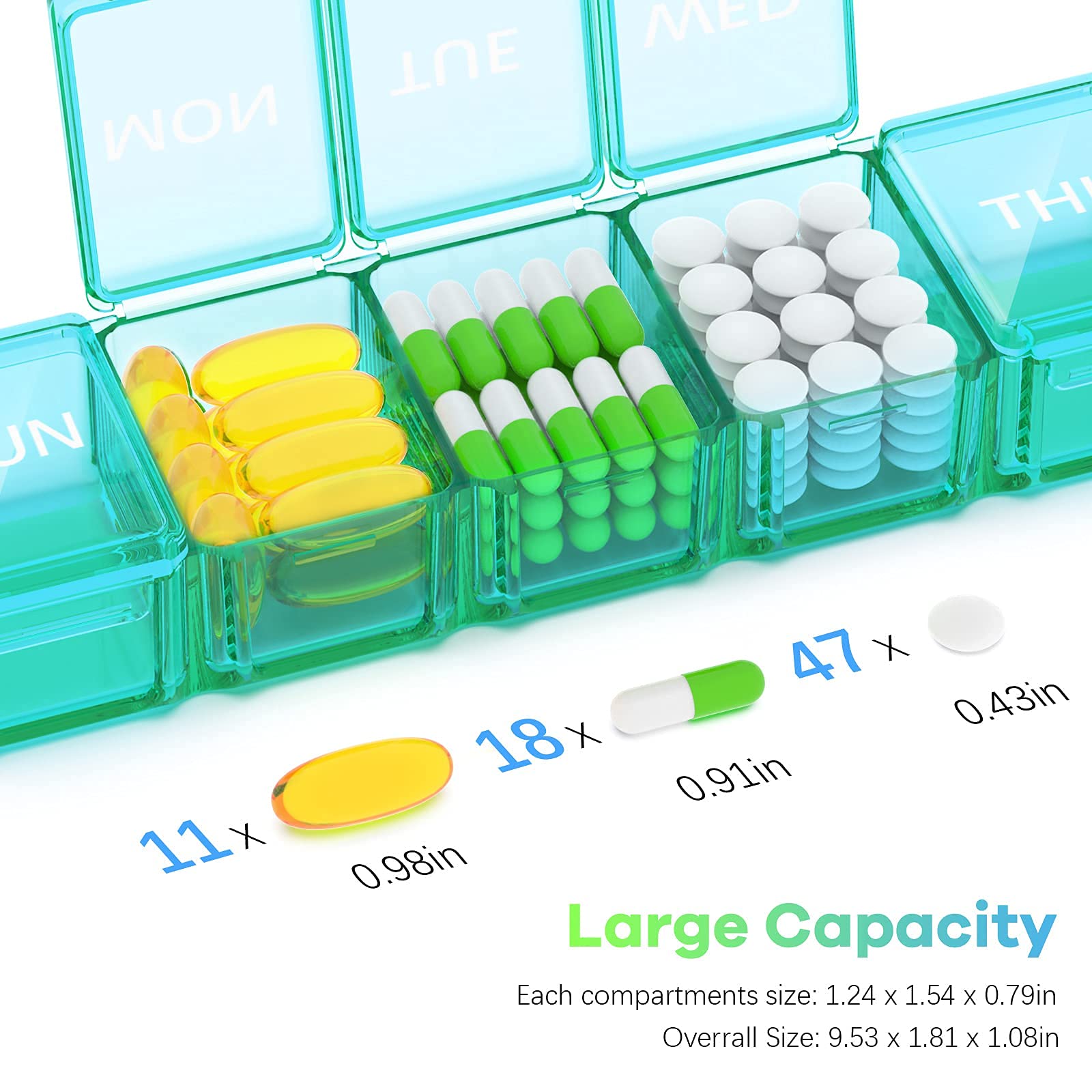 Extra Large Pill Organizer 2 Pack, XL Pill Box 7 Day, Weekly Pill Case with Large Capacity, Jumbo Organizer, BPA Free (Blue+Green)