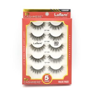 laflare 3d cashmere false eyelashes multipack, ultra soft, glam, luxurious, cruelty-free, reusable, fake eyelashes 5 pairs value pack (109x5p)