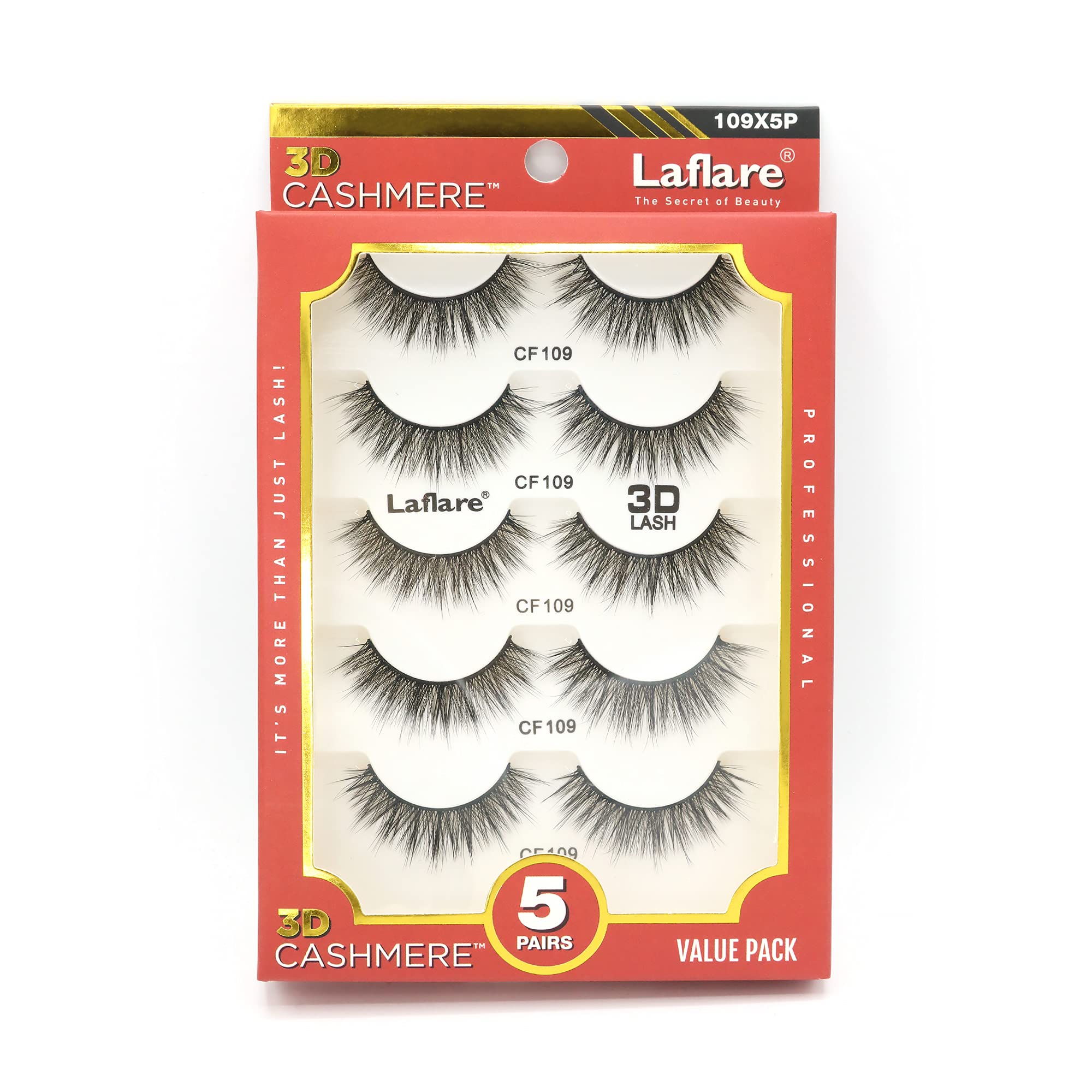 Laflare 3D Cashmere False Eyelashes Multipack, Ultra Soft, Glam, Luxurious, Cruelty-Free, Reusable, Fake Eyelashes 5 Pairs Value Pack (109X5P)