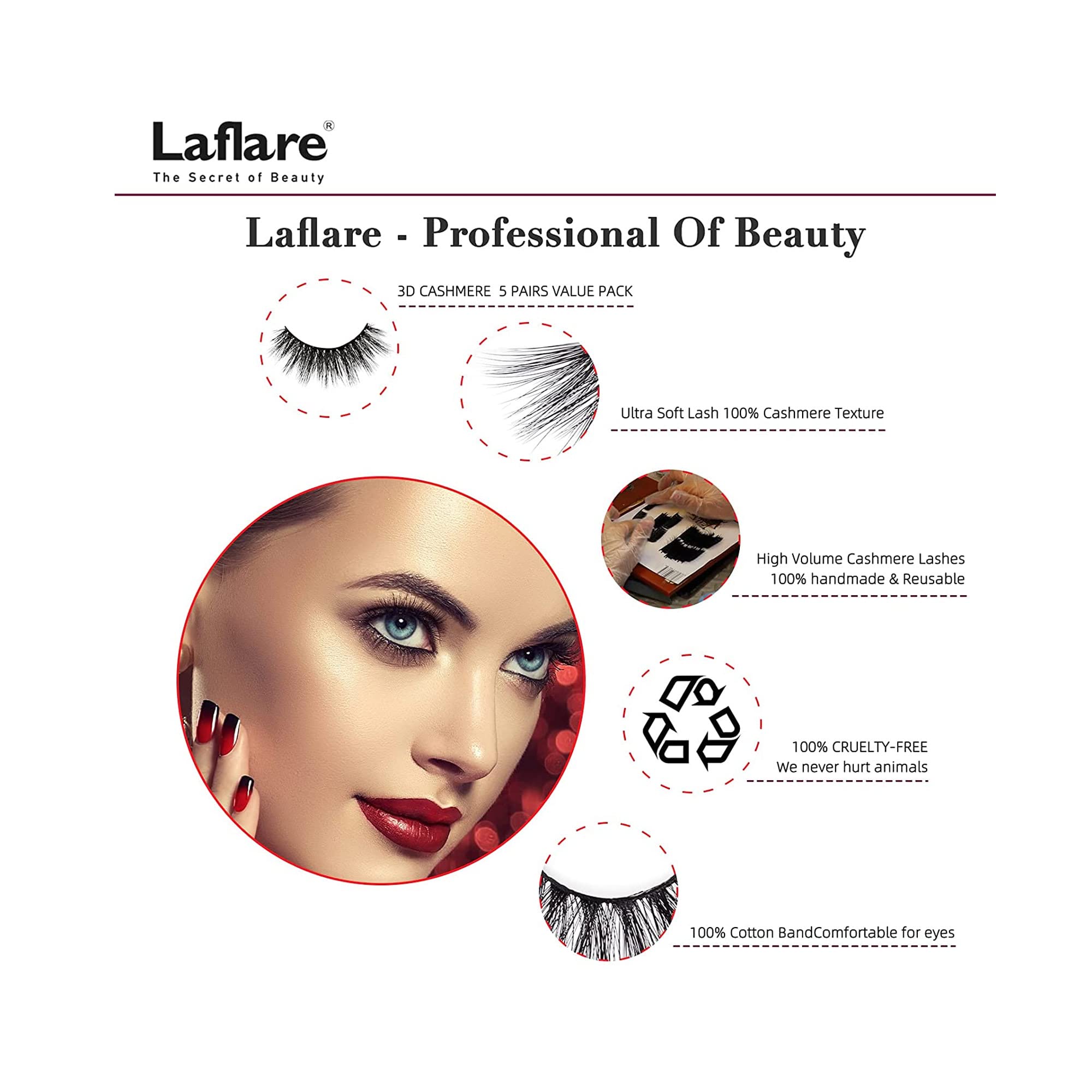 Laflare 3D Cashmere False Eyelashes Multipack, Ultra Soft, Glam, Luxurious, Cruelty-Free, Reusable, Fake Eyelashes 5 Pairs Value Pack (109X5P)