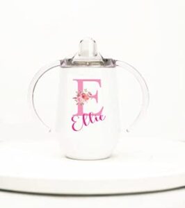 personalized floral initial sippy cup | any name or text | baby girl | sippy cup for toddlers | insulated cup for baby | stainless steel | bpa free