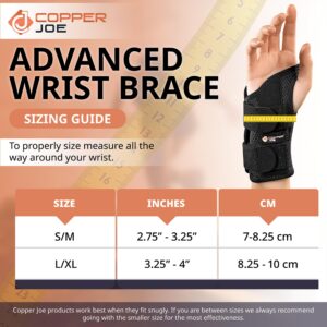 Copper Joe Carpal Tunnel Wrist Brace for Day and Night Support - Compression Wrist Sleeve For Arthritis, Tendonitis, RSI and Sprain - Adjustable Wrist Splint fit For Men and Women (Right Hand S/M)