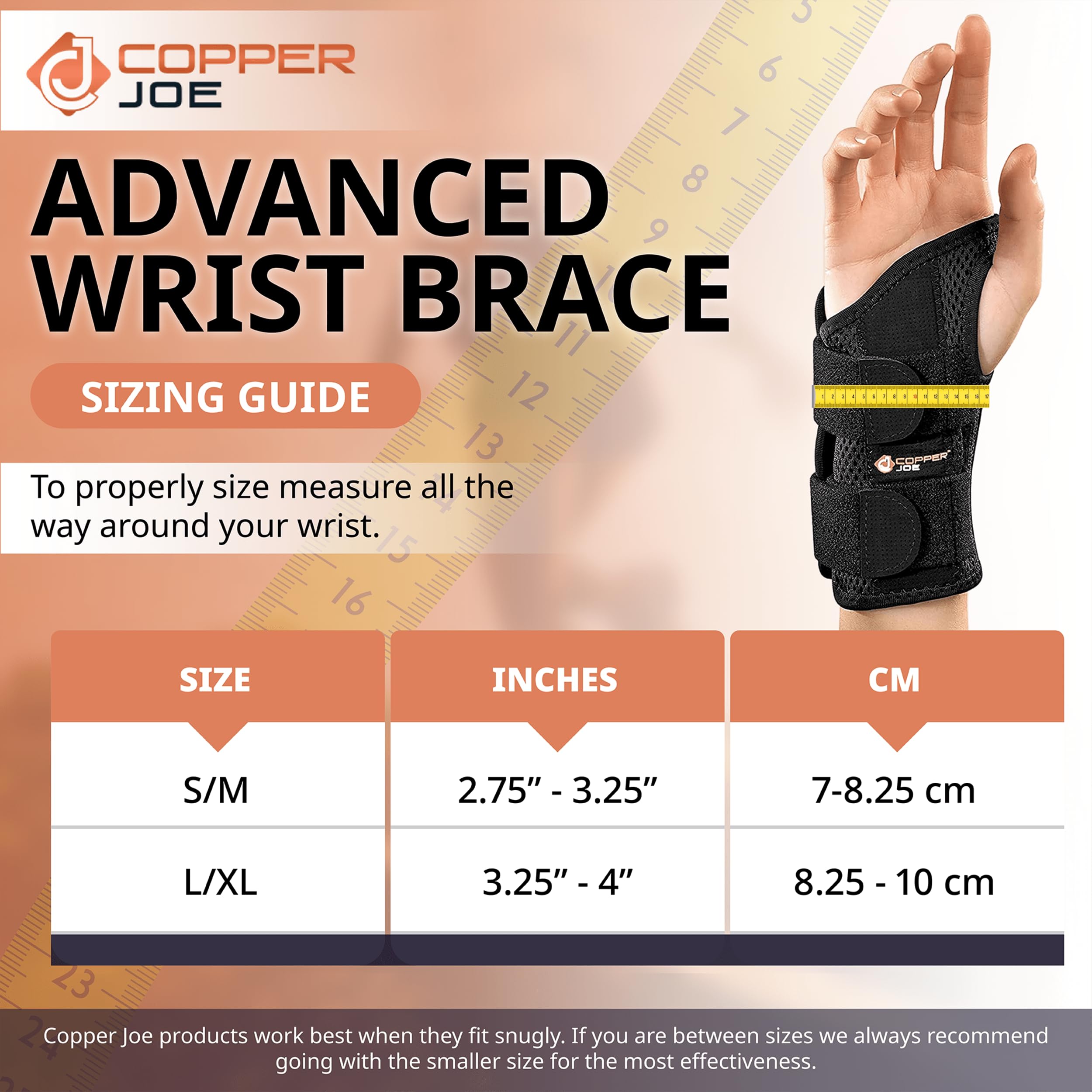 Copper Joe Carpal Tunnel Wrist Brace for Day and Night Support - Compression Wrist Sleeve For Arthritis, Tendonitis, RSI and Sprain - Adjustable Wrist Splint fit For Men and Women (Right Hand S/M)