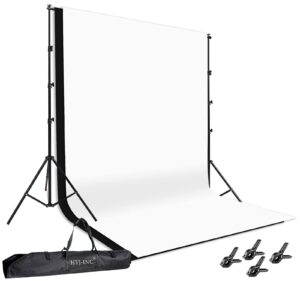 hyj-inc photo background support system with 8.5 x 10ft backdrop stand kit, 100% cotton muslin backdrop (white black),clamp, carry bag for photography video studio