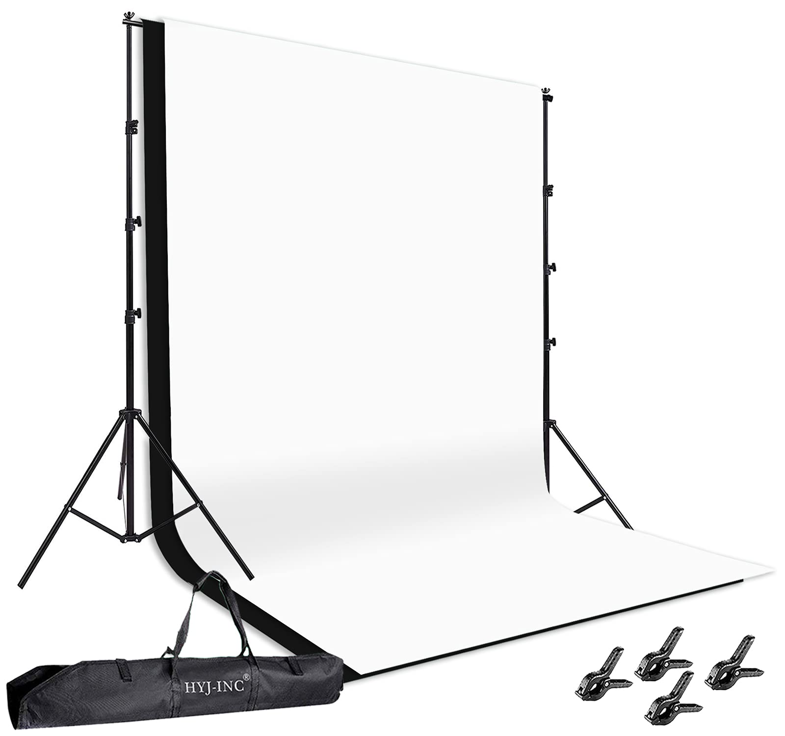 HYJ-INC Photo Background Support System with 8.5 x 10ft Backdrop Stand Kit, 100% Cotton Muslin Backdrop (White Black),Clamp, Carry Bag for Photography Video Studio