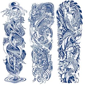 semi permanent tattoos sleeve, 3-sheet dragon temporary tattoo sleeve,100% plant-based ink fake sleeve tattoos