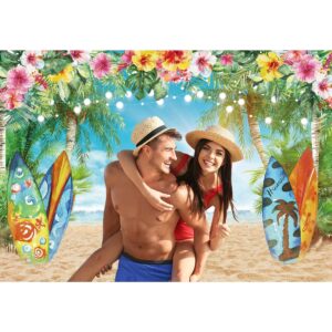 Felortte 7x5FT Polyester Fabric Summer Hawaiian Beach Backdrop Sky Ocean Tropical Flower Palm Leaves Surfboard Photography Background for Luau Aloha Party Decoration Banner Picture Photo Booth2