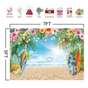 Felortte 7x5FT Polyester Fabric Summer Hawaiian Beach Backdrop Sky Ocean Tropical Flower Palm Leaves Surfboard Photography Background for Luau Aloha Party Decoration Banner Picture Photo Booth2