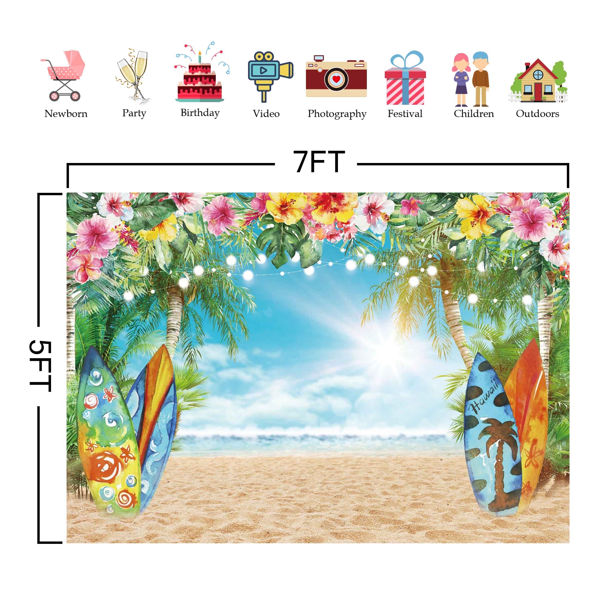 Felortte 7x5FT Polyester Fabric Summer Hawaiian Beach Backdrop Sky Ocean Tropical Flower Palm Leaves Surfboard Photography Background for Luau Aloha Party Decoration Banner Picture Photo Booth2