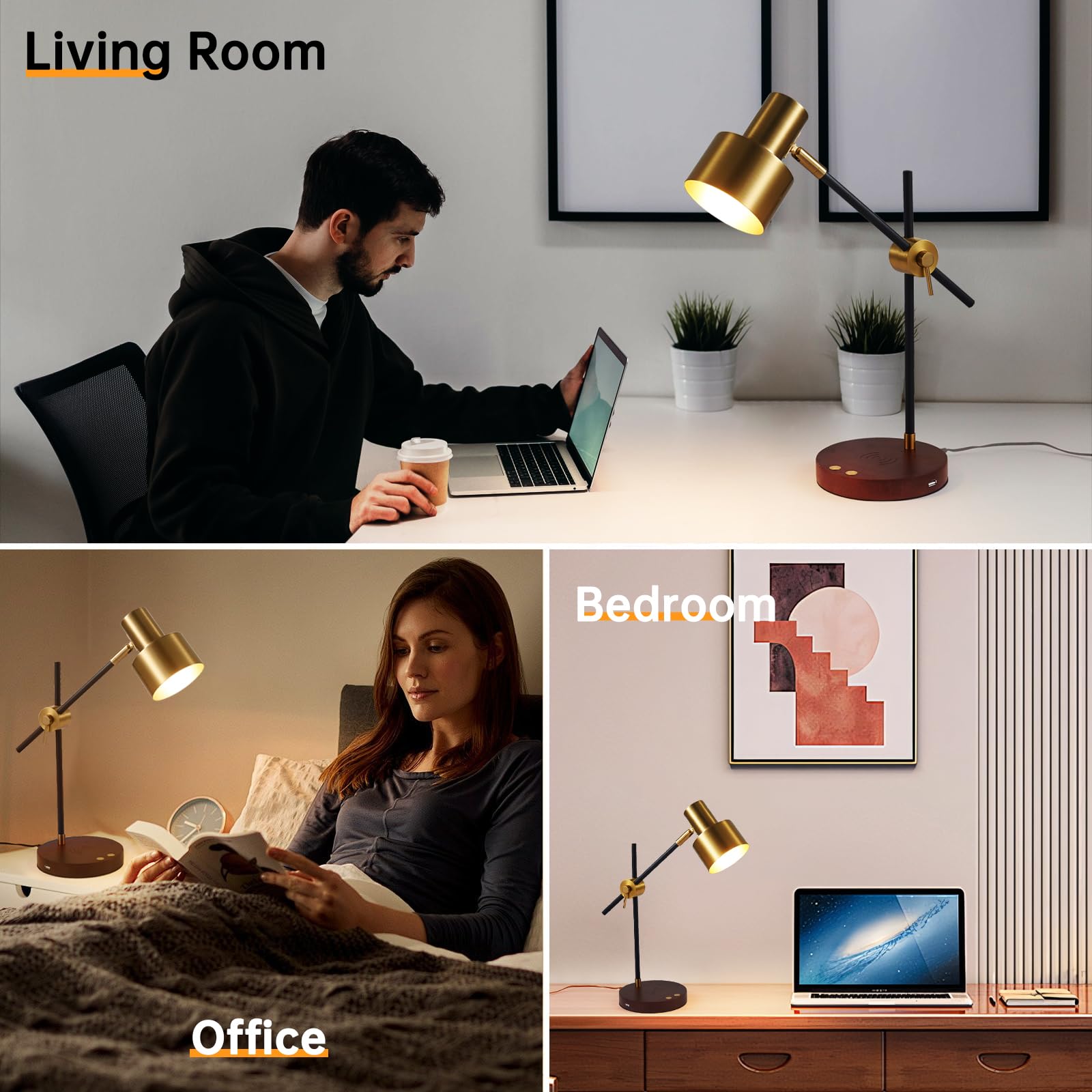 TITOSICHY Desk Lamp with Wireless Charger Swing Arm Desk Lamp with USB Charging Port Adjustable Metal Table Lamp with Timing Function Touch Office Lamp for Home Reading Include LED Bulb