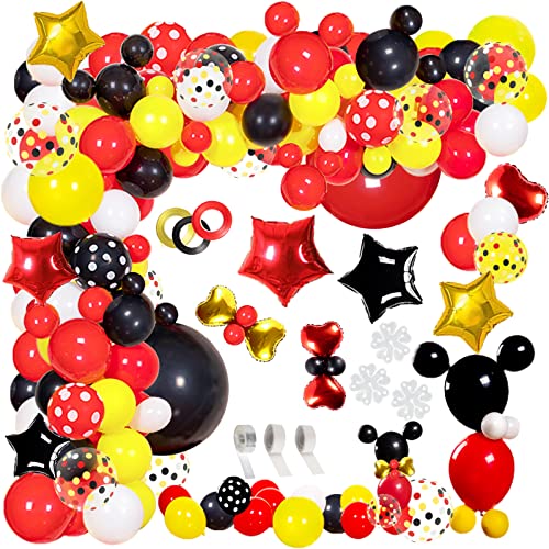 JULLIZ 142pcs Mickey Mouse Balloons Garland Kit, Foil Confetti Black Red Yellow White for Cartoon Mickey Theme Birthday Shower Decorations