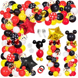 julliz 142pcs mickey mouse balloons garland kit, foil confetti black red yellow white for cartoon mickey theme birthday shower decorations